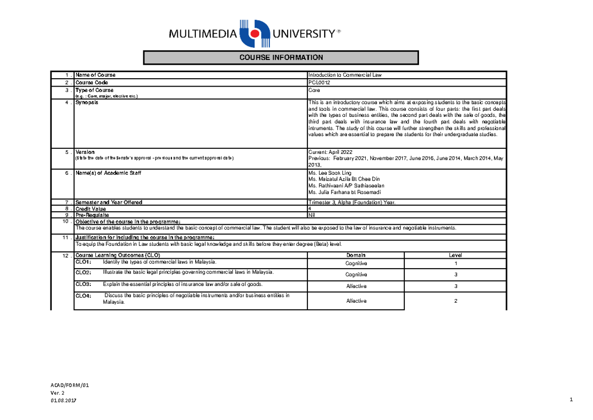 Syllabus -PCL0012 Introduction To Commercial Law 2022 - 1. 2. 3. 4. 5 ...