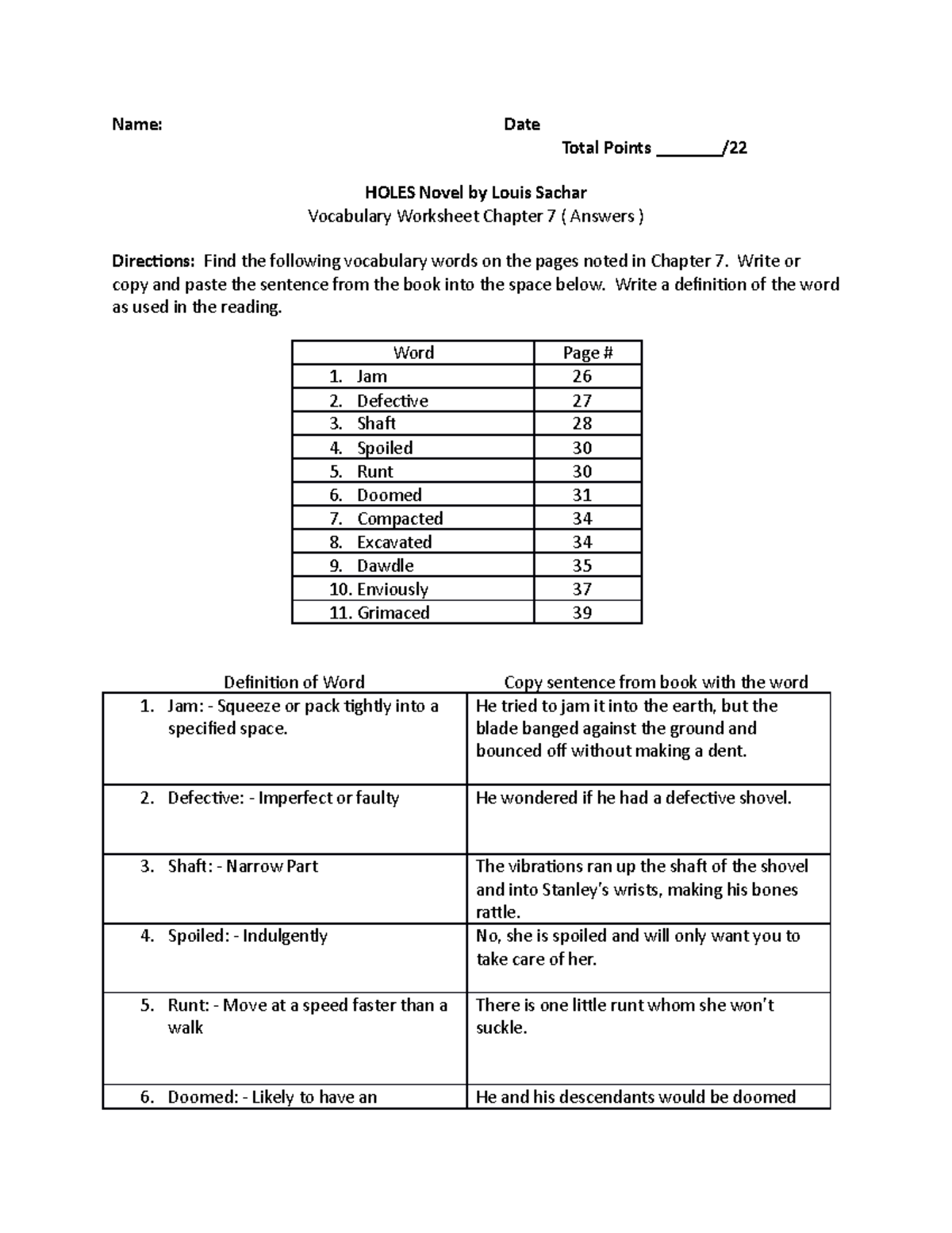 Holes Chapter 7 Answers Of The Vocabulary - Name: Date Total Points 