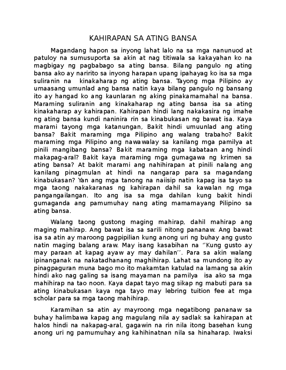 Kahirapan SA Ating Bansa Talumpati - KAHIRAPAN SA ATING BANSA Magandang ...