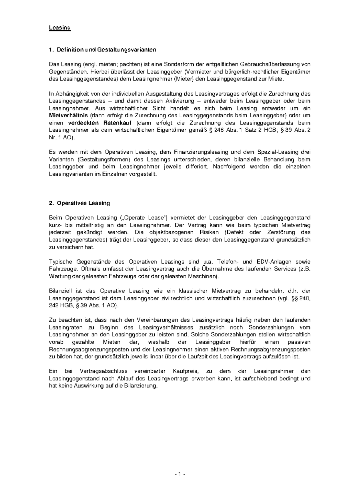04 Leasing - Leasing 1. Definition und Gestaltungsvarianten Das Leasing ...