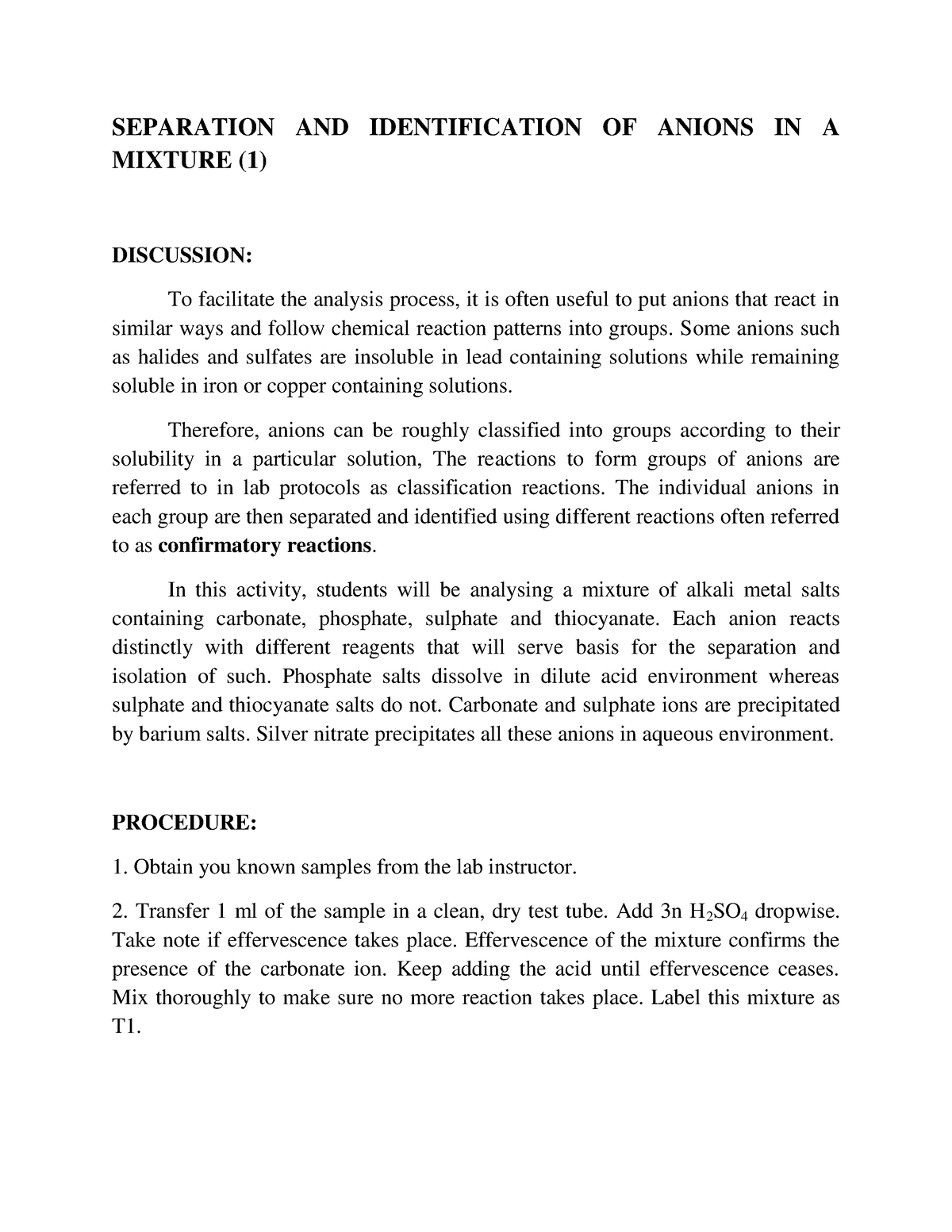 Separation And Identification Of Anions In A Mixture - SEPARATION AND ...