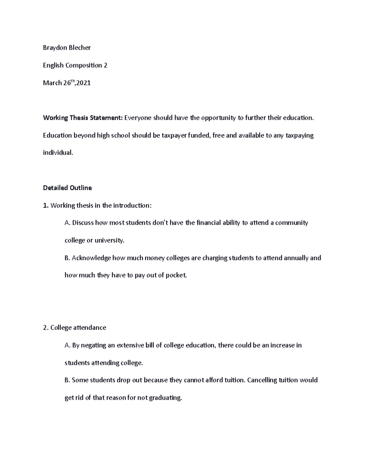 should college be free essay outline