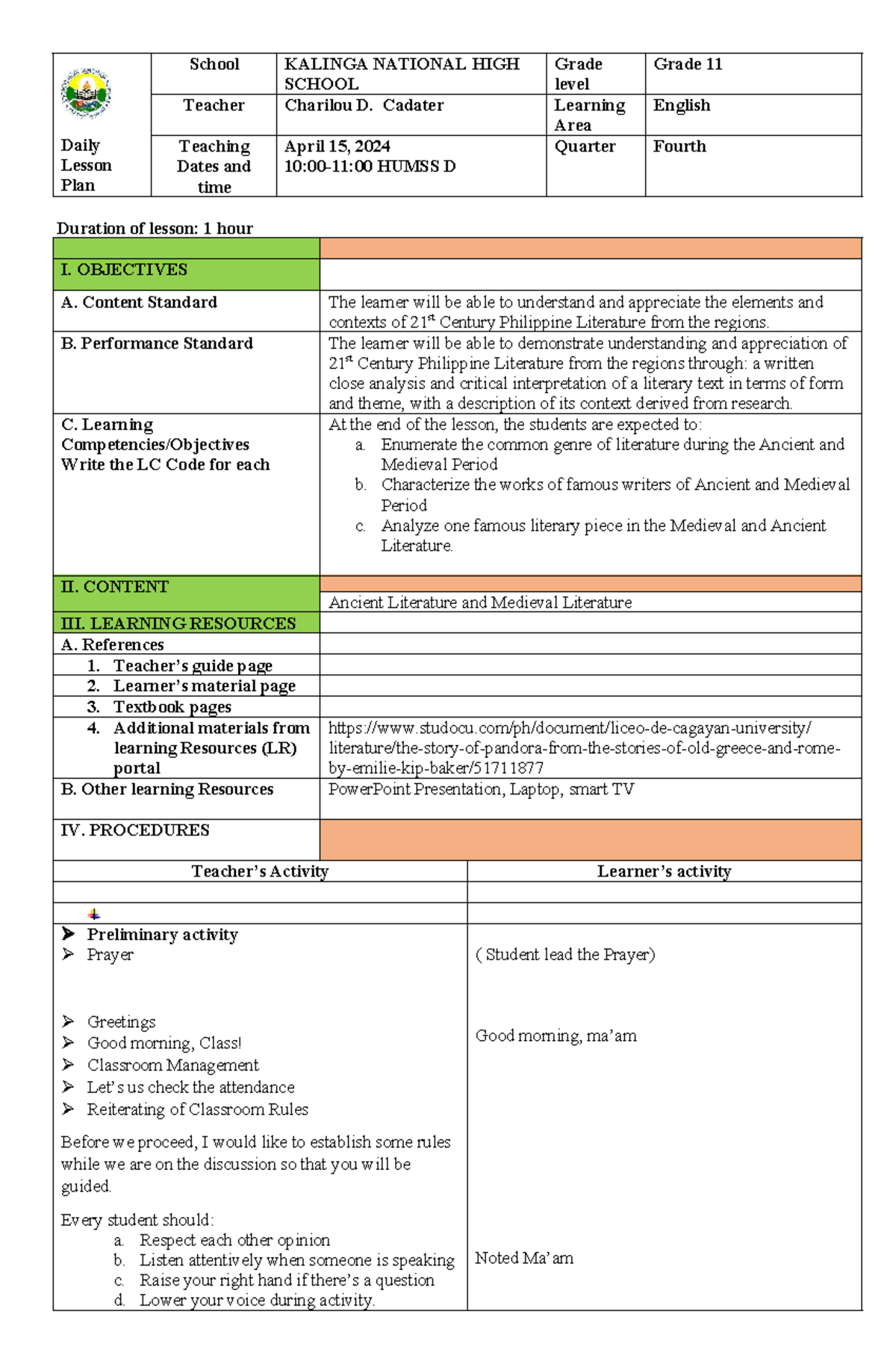 Ancient Period AND Medival Period - Daily Lesson Plan School KALINGA ...