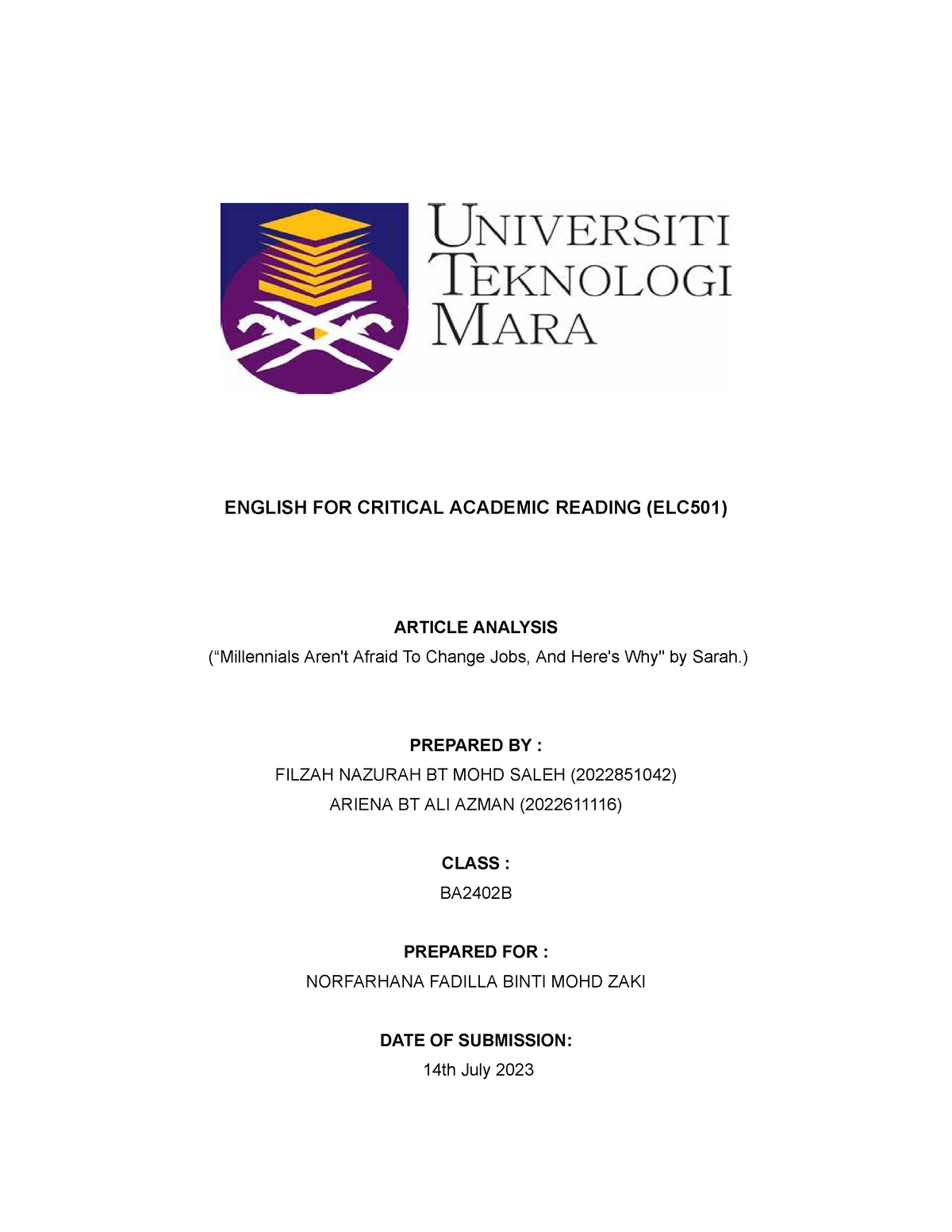 Written Article Analysis - ENGLISH FOR CRITICAL ACADEMIC READING ...