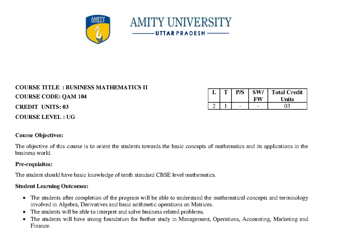 Course Material 3cc42 QAM104 - Business Mathematics II - COURSE TITLE ...