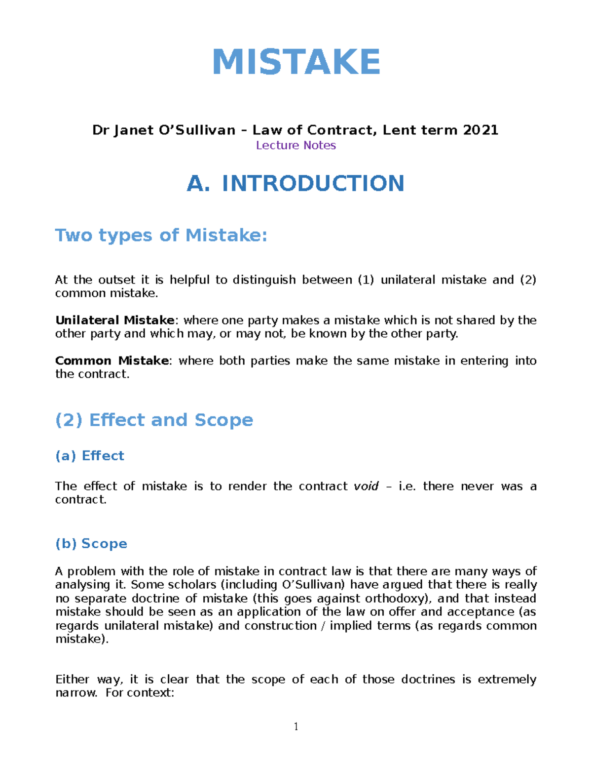 5. Mistake - MISTAKE Dr Janet O’Sullivan – Law Of Contract, Lent Term ...