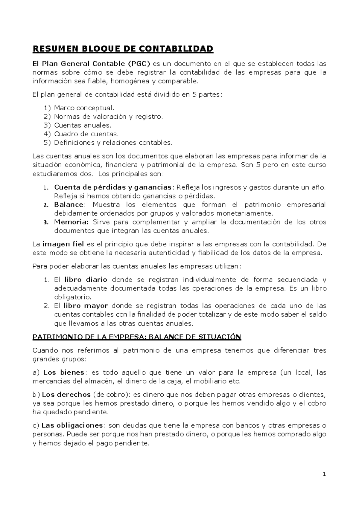 Resumen Contabilidad - RESUMEN BLOQUE DE CONTABILIDAD El Plan General ...