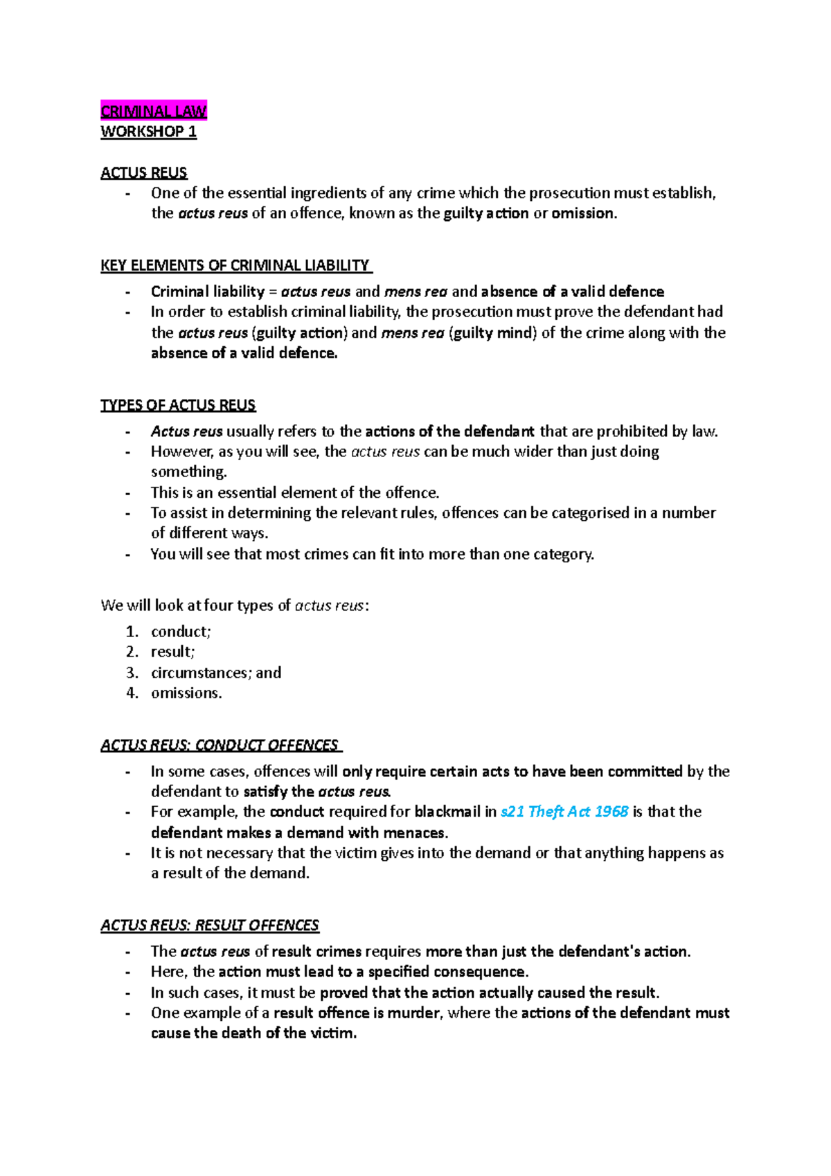 Actus REUS- Introduction - CRIMINAL LAW WORKSHOP 1 ACTUS REUS One of ...