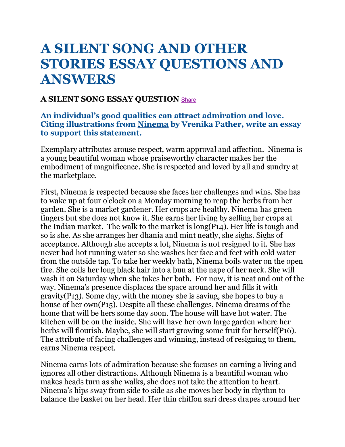 essay questions on silent song and other stories