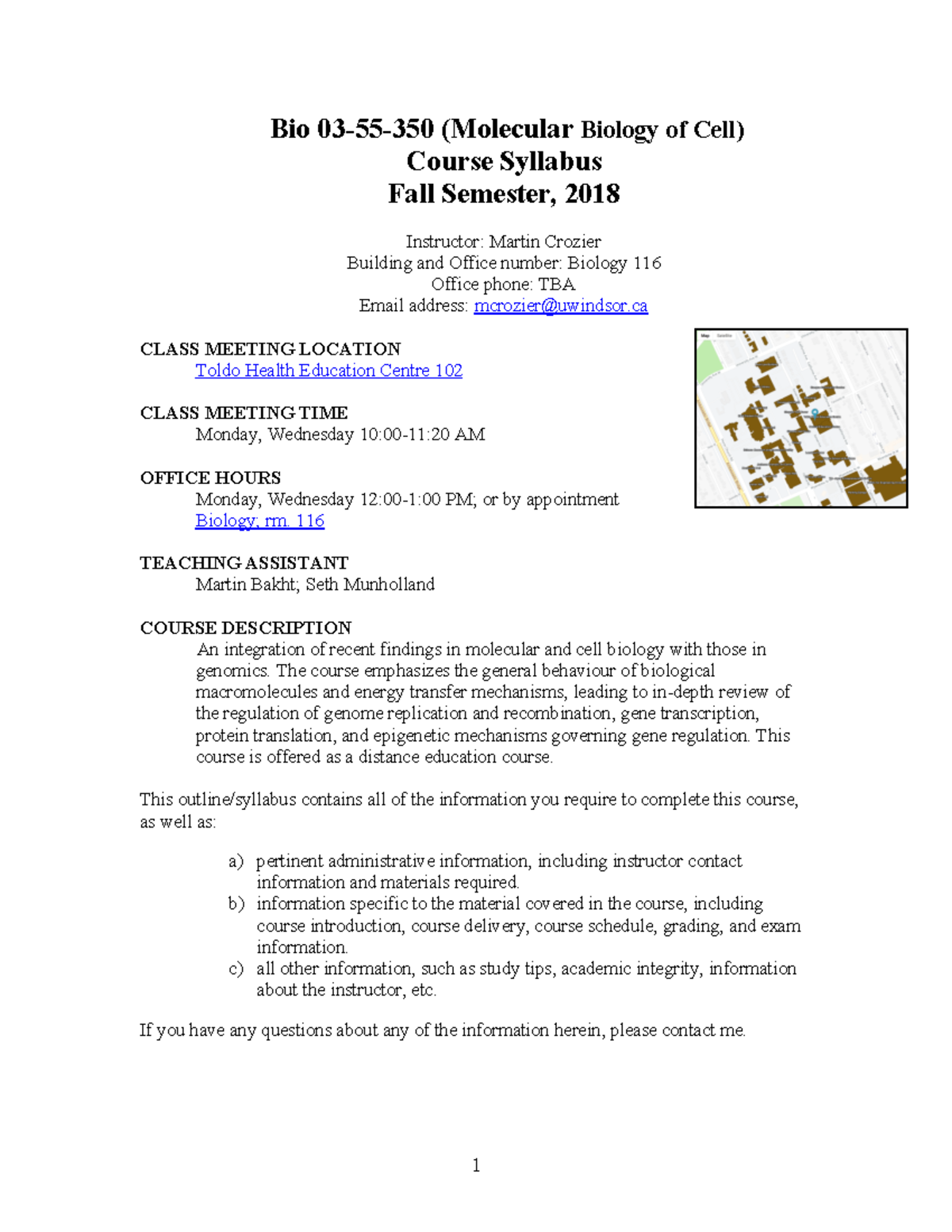 Molecular Cell Bio 350 Syllabus F18 Bio 03 55 350 (Molecular