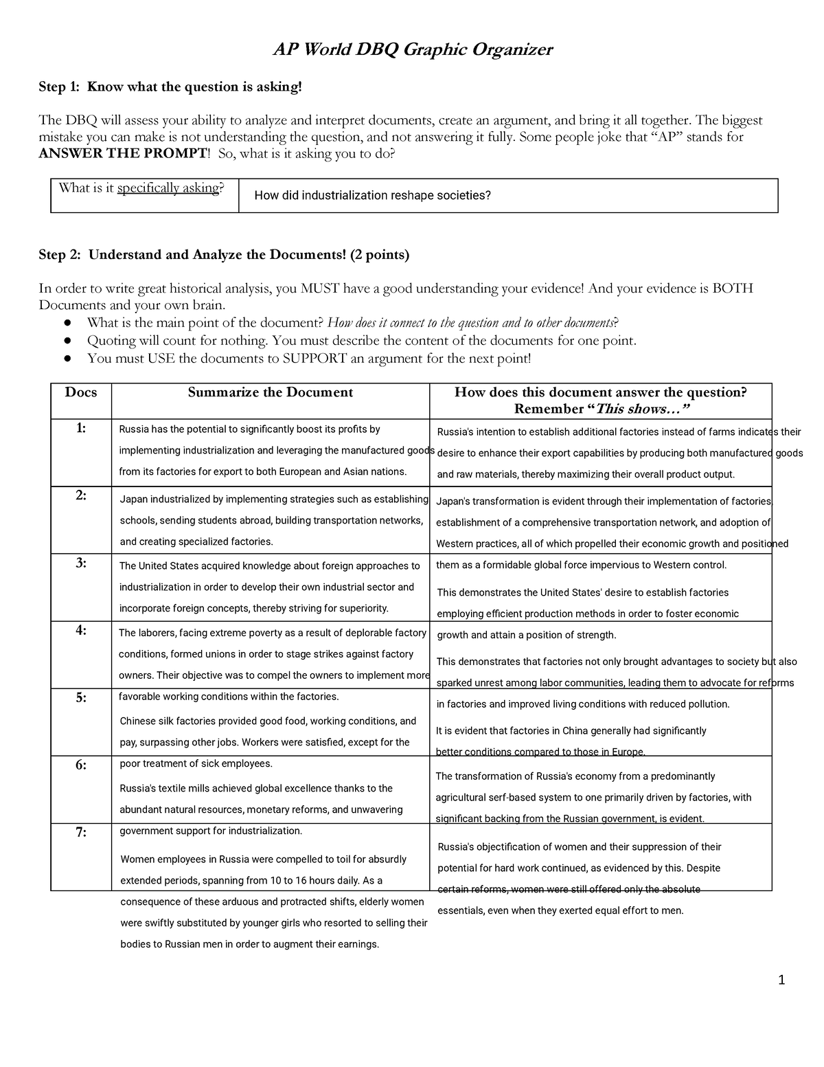 AP World DBQ Prep Sheet 11824 1 AP World DBQ Graphic Organizer Step