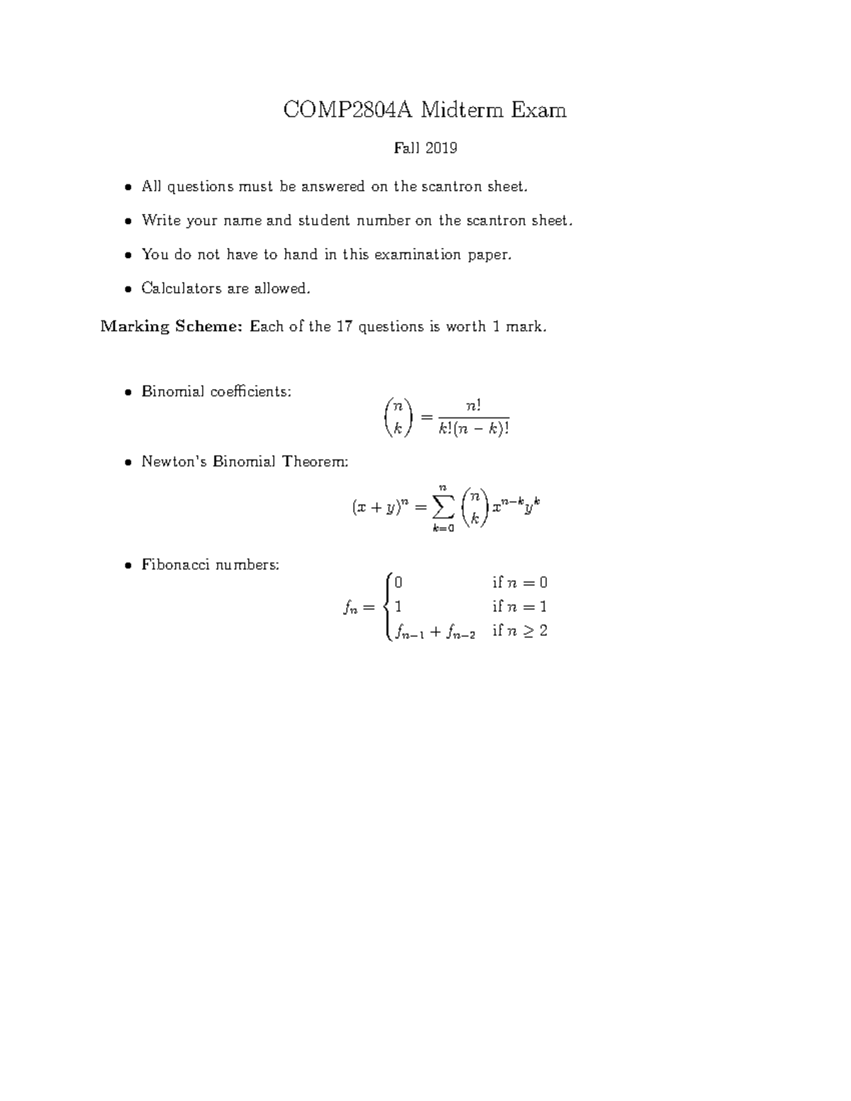 Midterm 18 October 2019, questions - COMP2804A Midterm Exam Fall 2019 ...