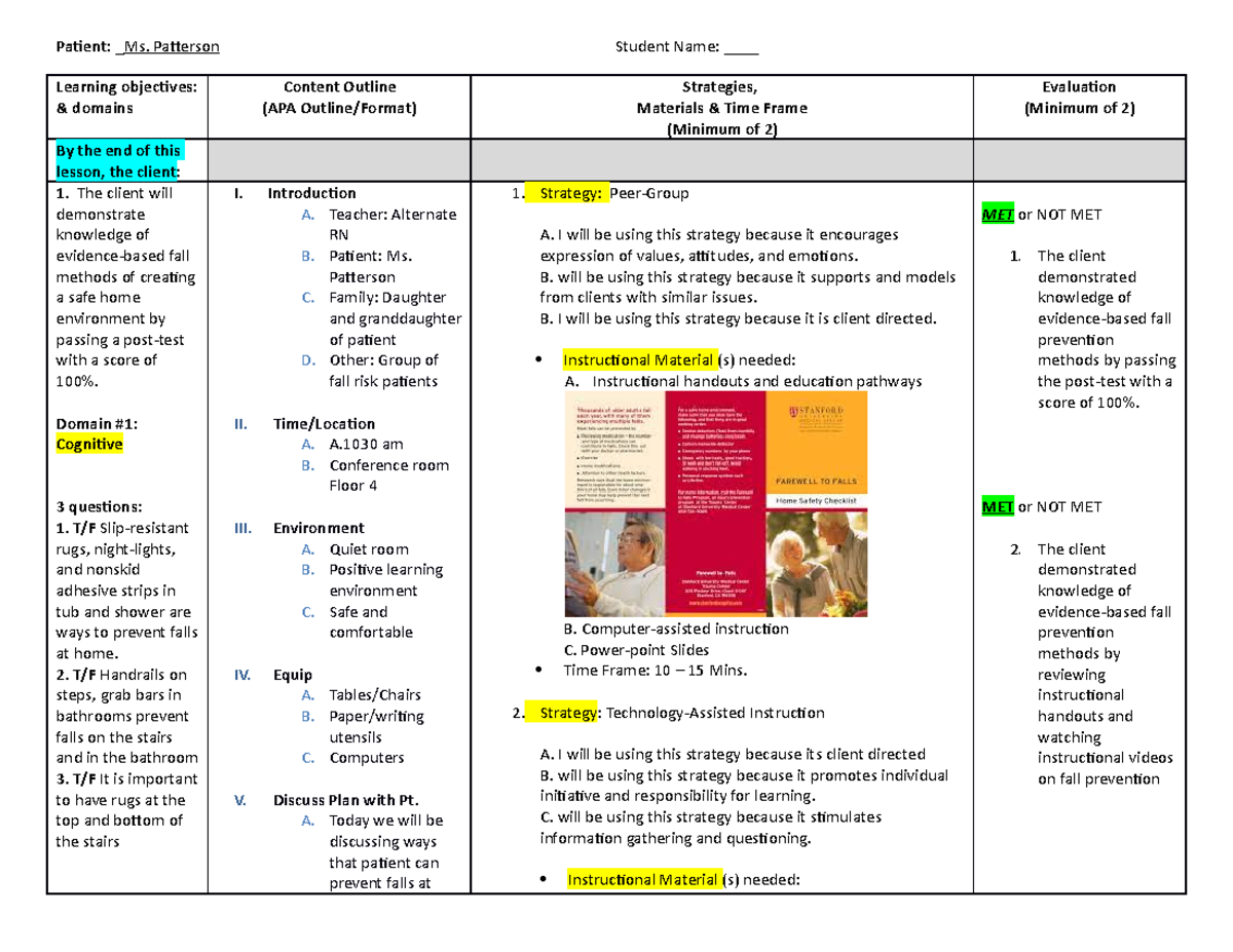 Client Education plan - Patient: _Ms. Patterson Student Name ...