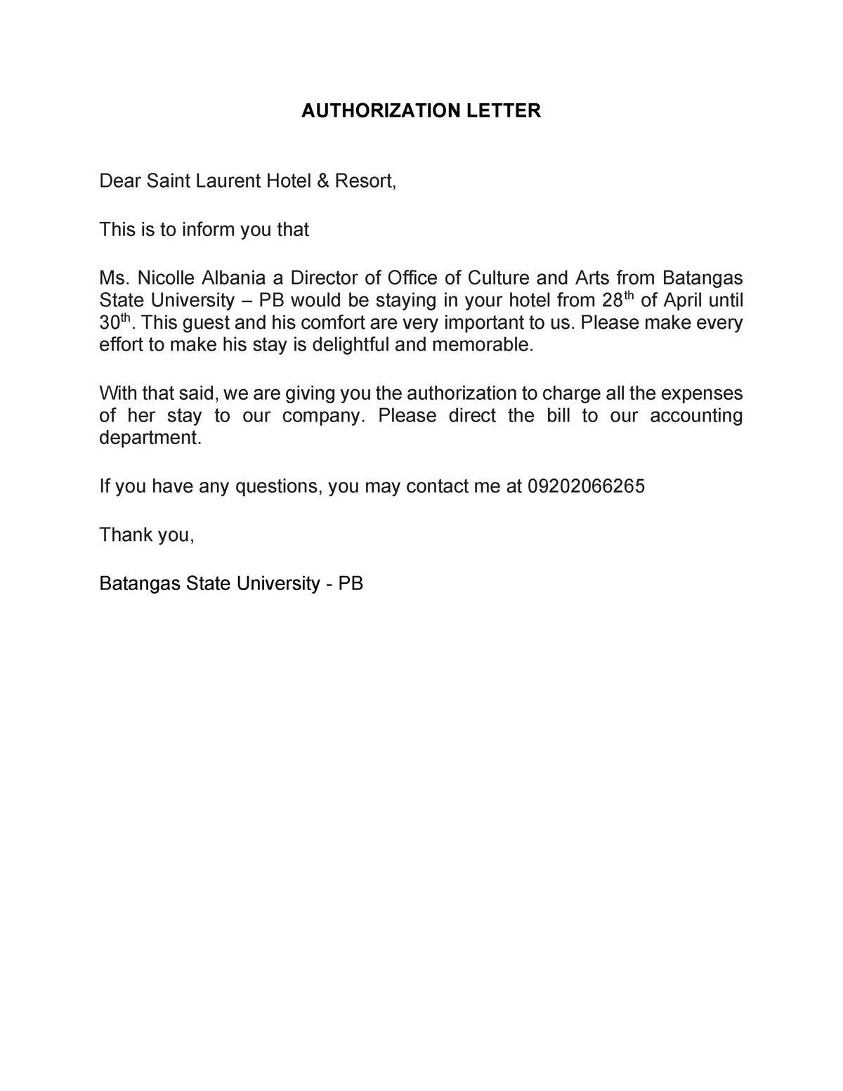 Authorization Letter Front Office Authorization Letter Dear Saint Laurent Hotel And Resort 3971