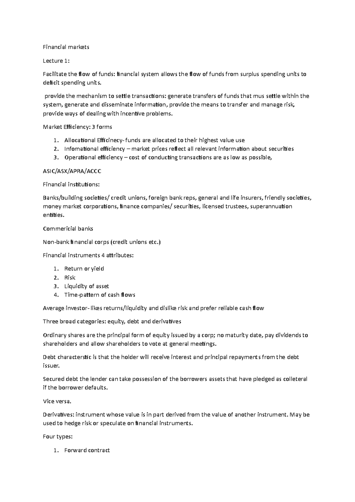 Financial markets - NOTES FROM SEM 2 2019. - Financial markets Lecture ...