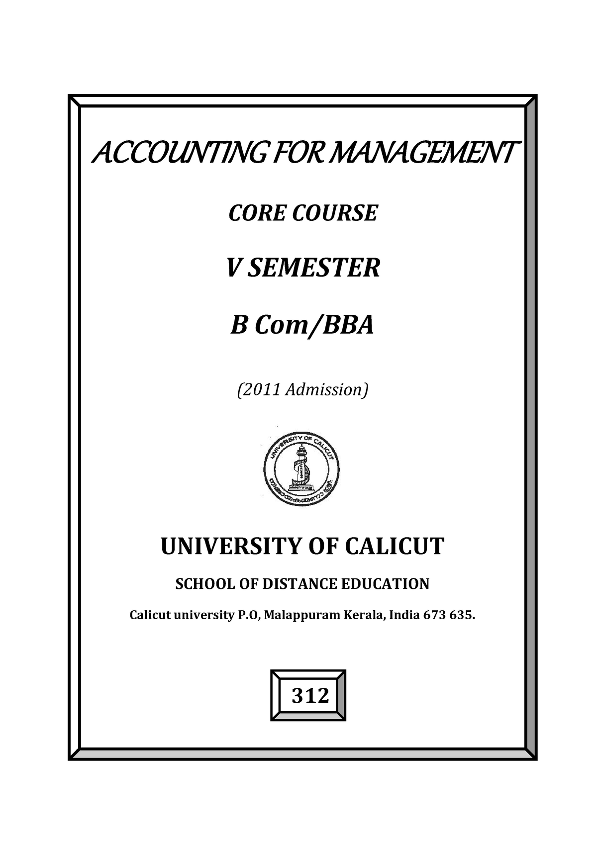 Study Material Accounting Mngmt - ACCOUNTING FOR MANAGEMENT CORE COURSE ...