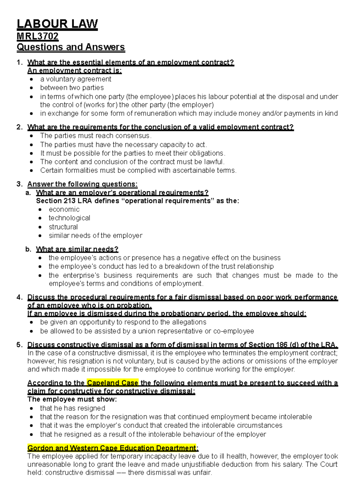 MRL 3702 notes 1 2024 - Summary LABOUR LAW - LABOUR LAW MRL Questions ...