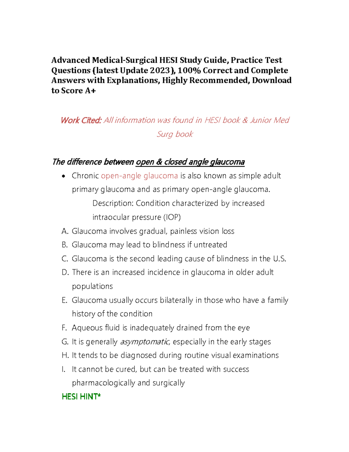 Advanced MedicalSurgical HESI Study Guide, Practice Test Questions