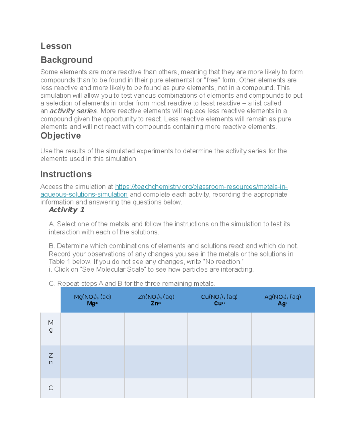 Activity Series Virtual Lab - Lesson Background Some elements are more ...