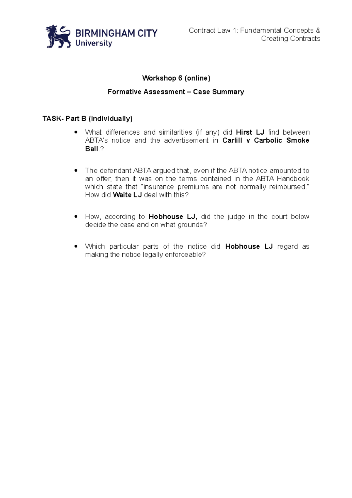 Workshop 6 (online) - Task PART B - Contract Law 1: Fundamental ...