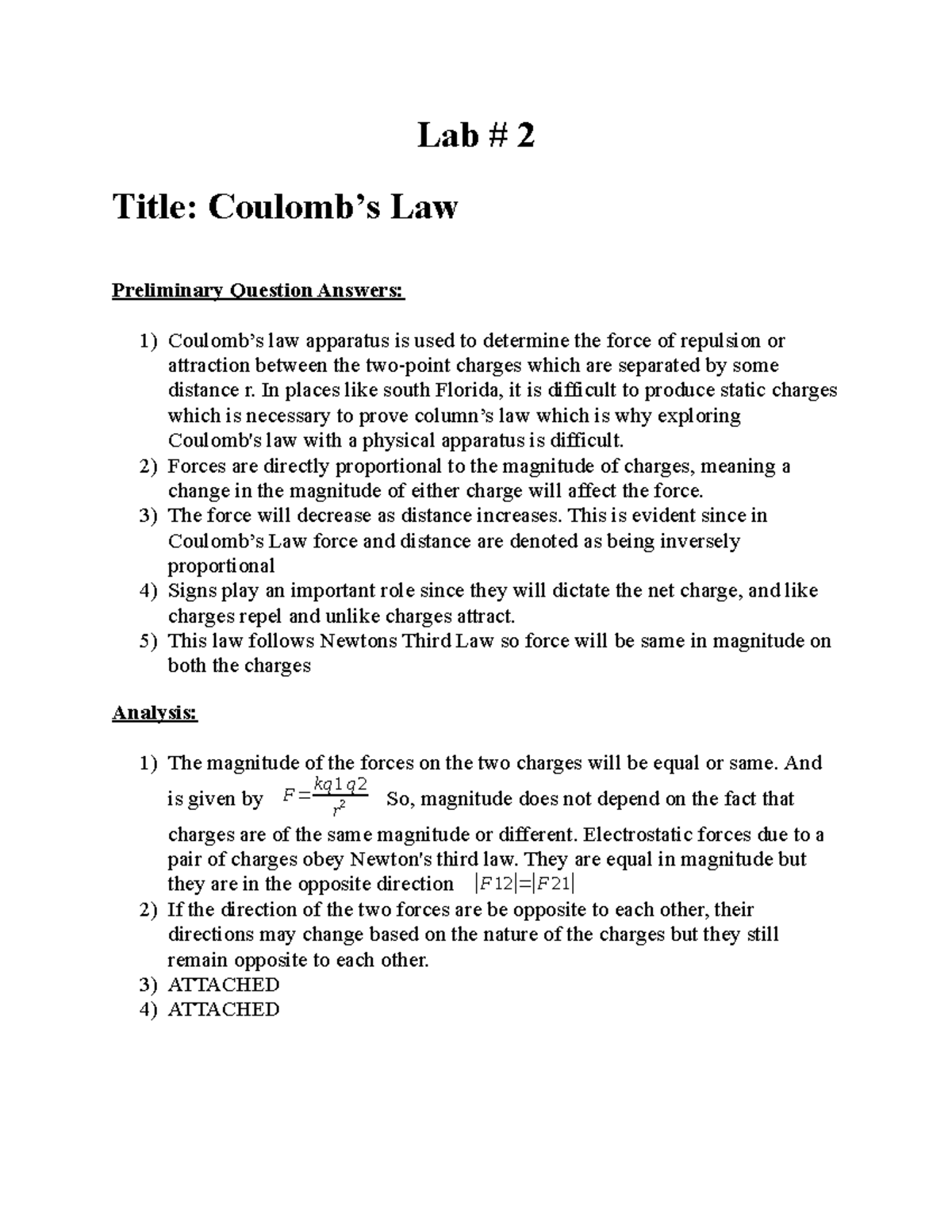 Physics lab 2 LAb notes Lab 2 Title Coulomb’s Law Preliminary
