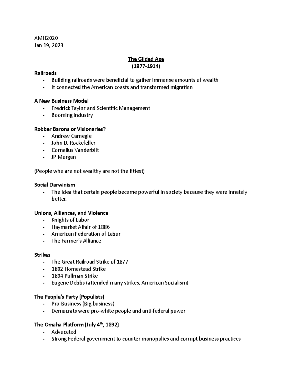 The Gilded Age - AMH 2020 Class Notes - AMH Jan 19, 2023 The Gilded Age ...