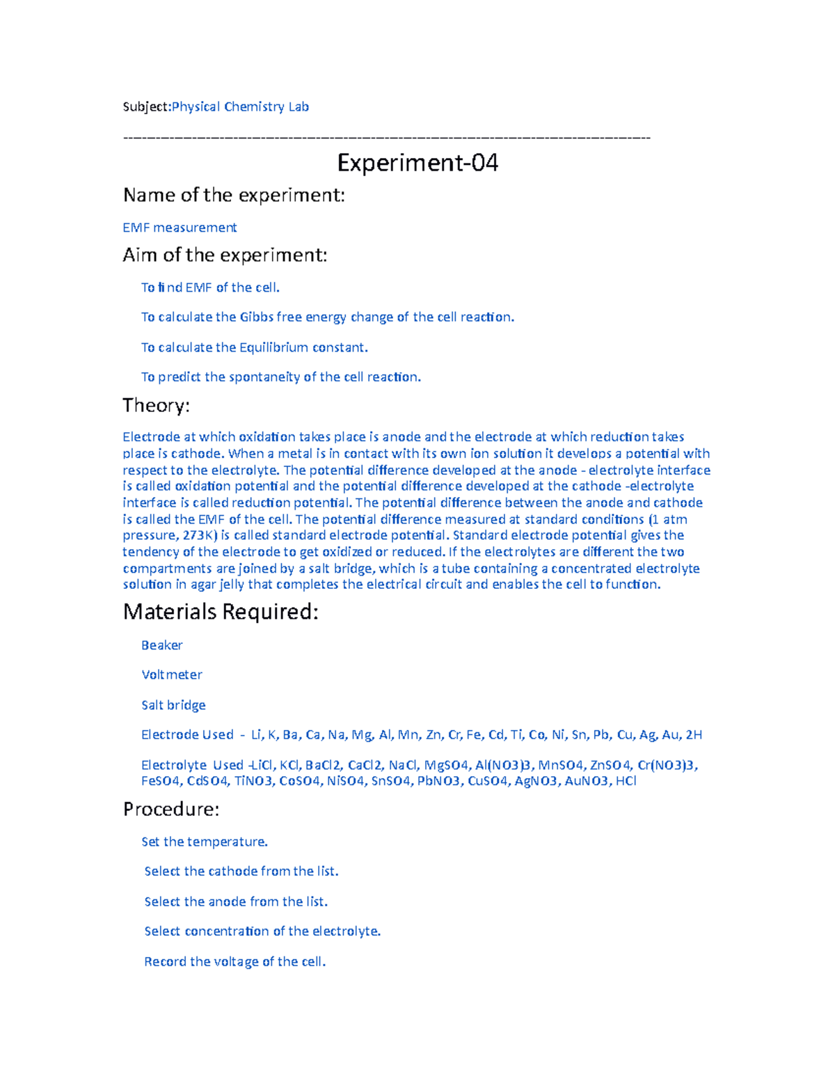 Experiment 4(EMF measurement) SubjectPhysical Chemistry Lab