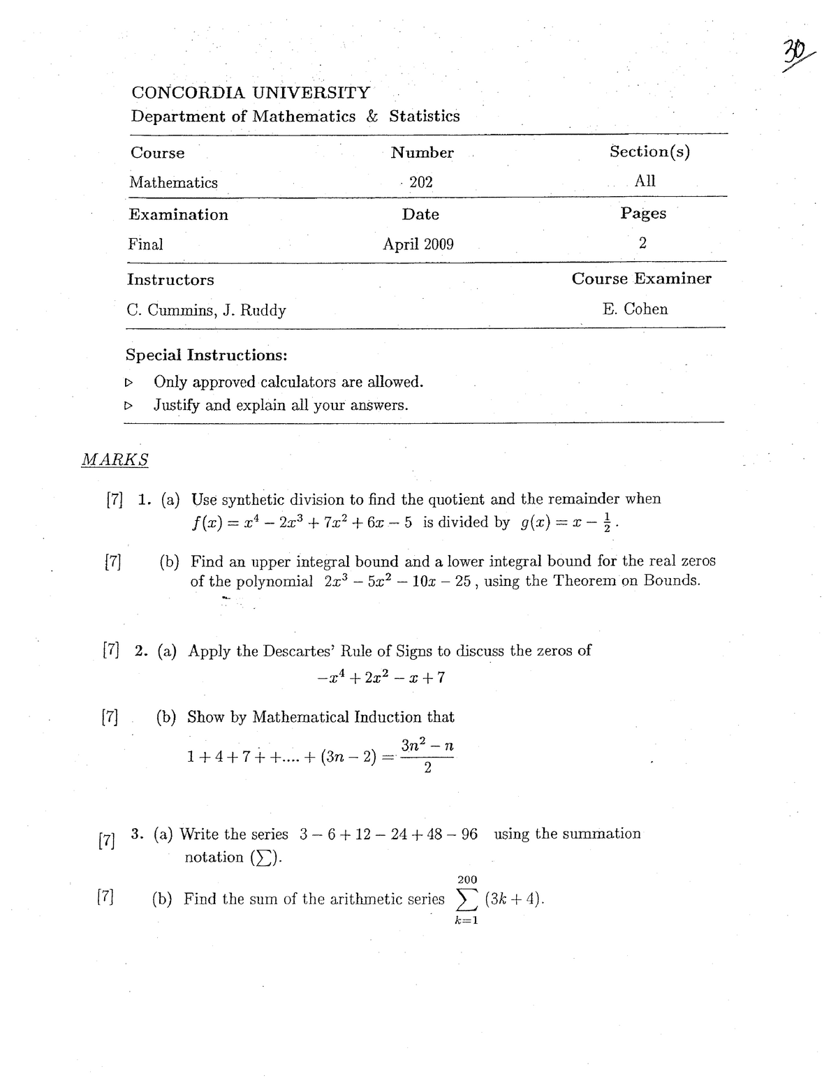 Final Exam, Questions - Concordia University , Department Of 