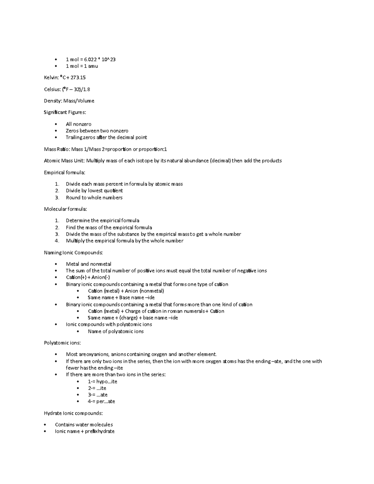 General Chemistry - Exam 1 Study Guide - 1 mol = 6 * 10^ 1 mol = 1 amu ...