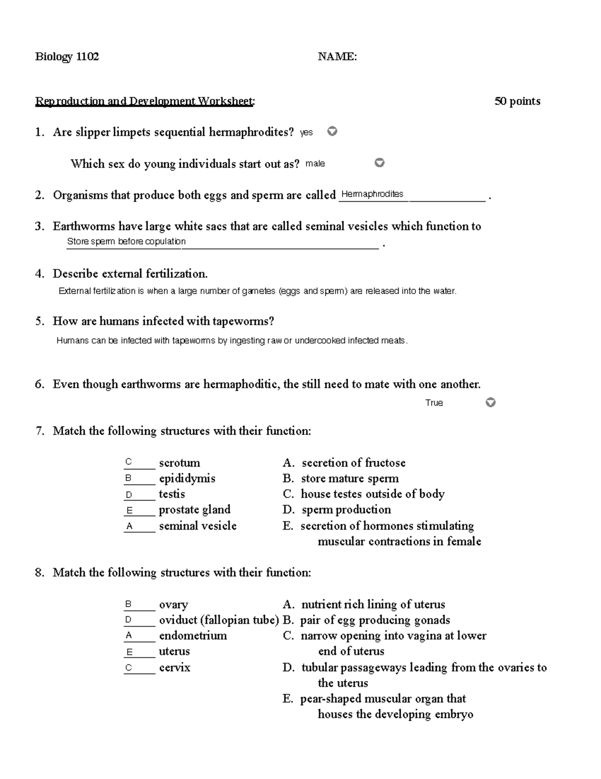Reproduction and Development Lab DUE 1019 Biology 1102 NAME