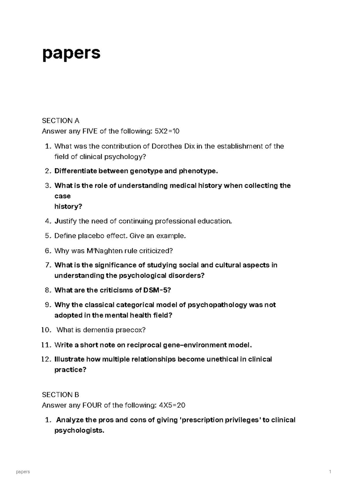 Past papers clinical psychology - papers SECTION A Answer any FIVE of ...