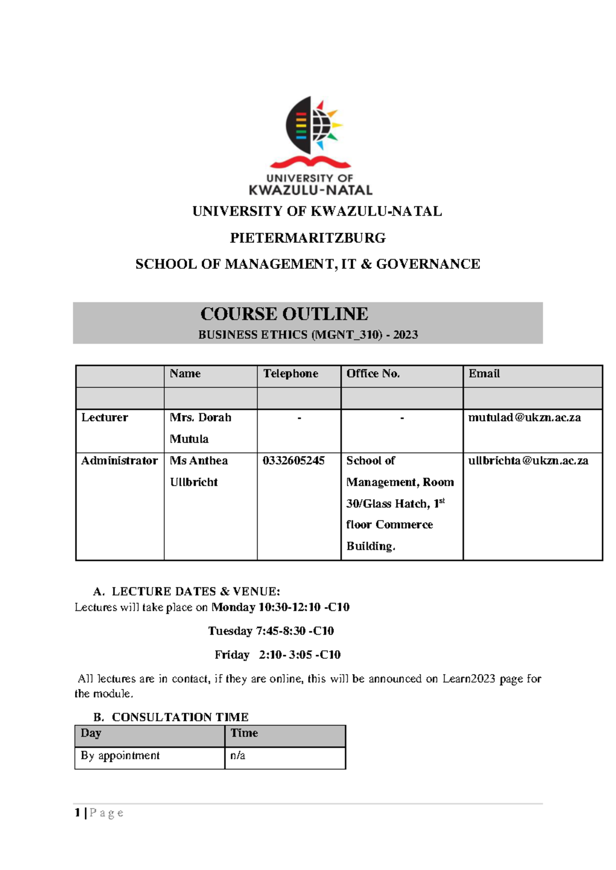MGNT 310- Business Ethics Course Outline 2023 - UNIVERSITY OF KWAZULU ...