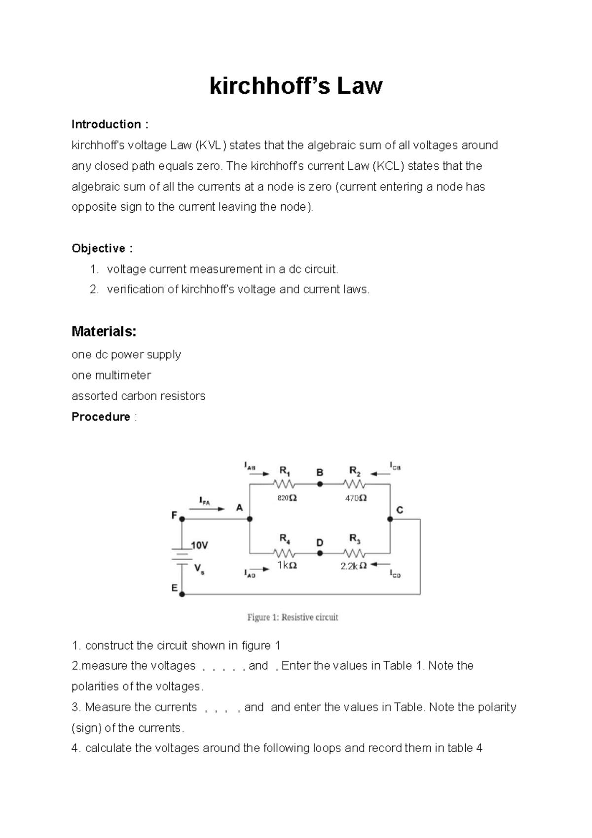 Lab 1 kirchhoff’s Law Introduction kirchhoff’s voltage Law (KVL