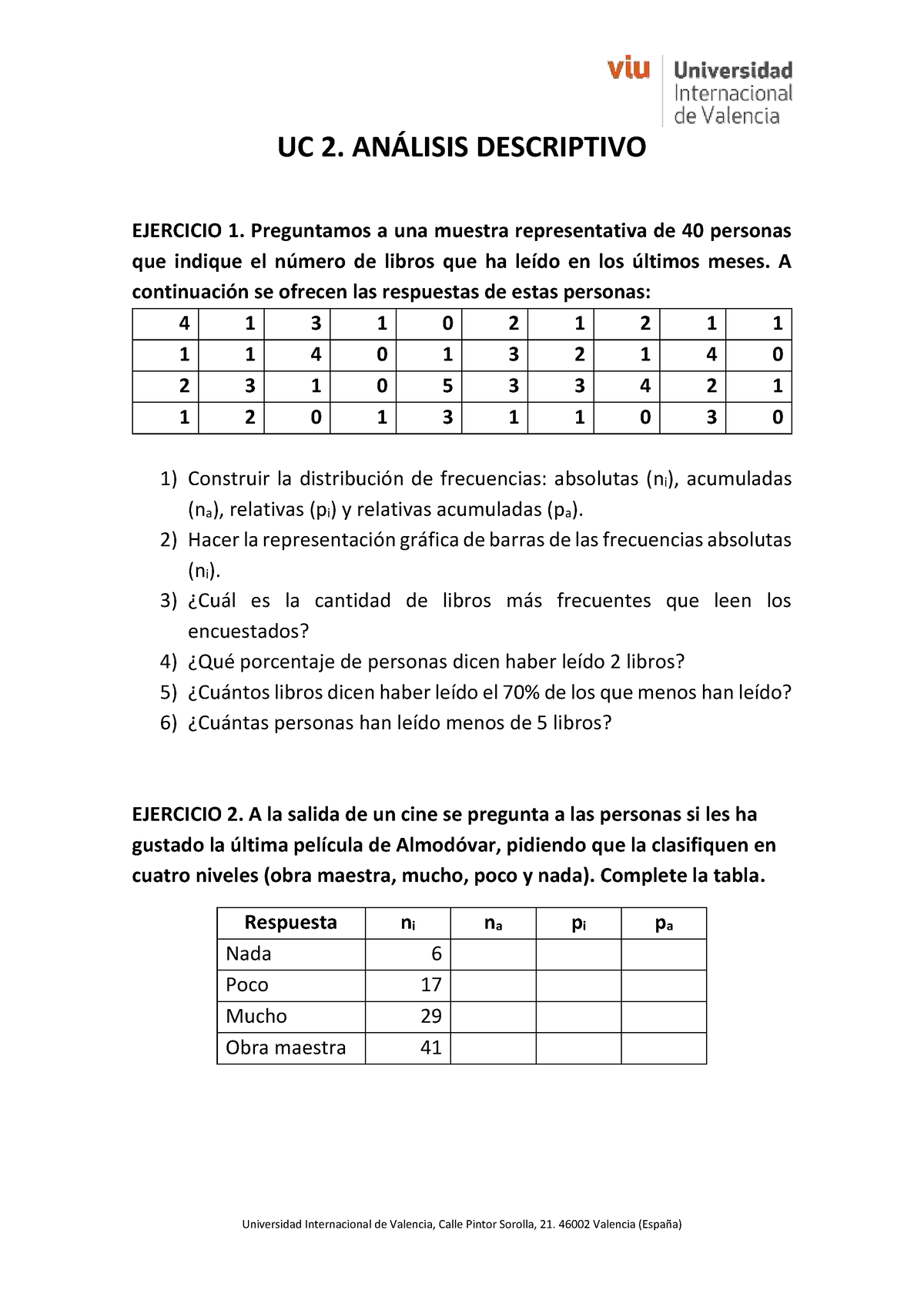 UC 2 1 Ejercicios Análisis Descriptivo UC 2 ANÁLISIS DESCRIPTIVO