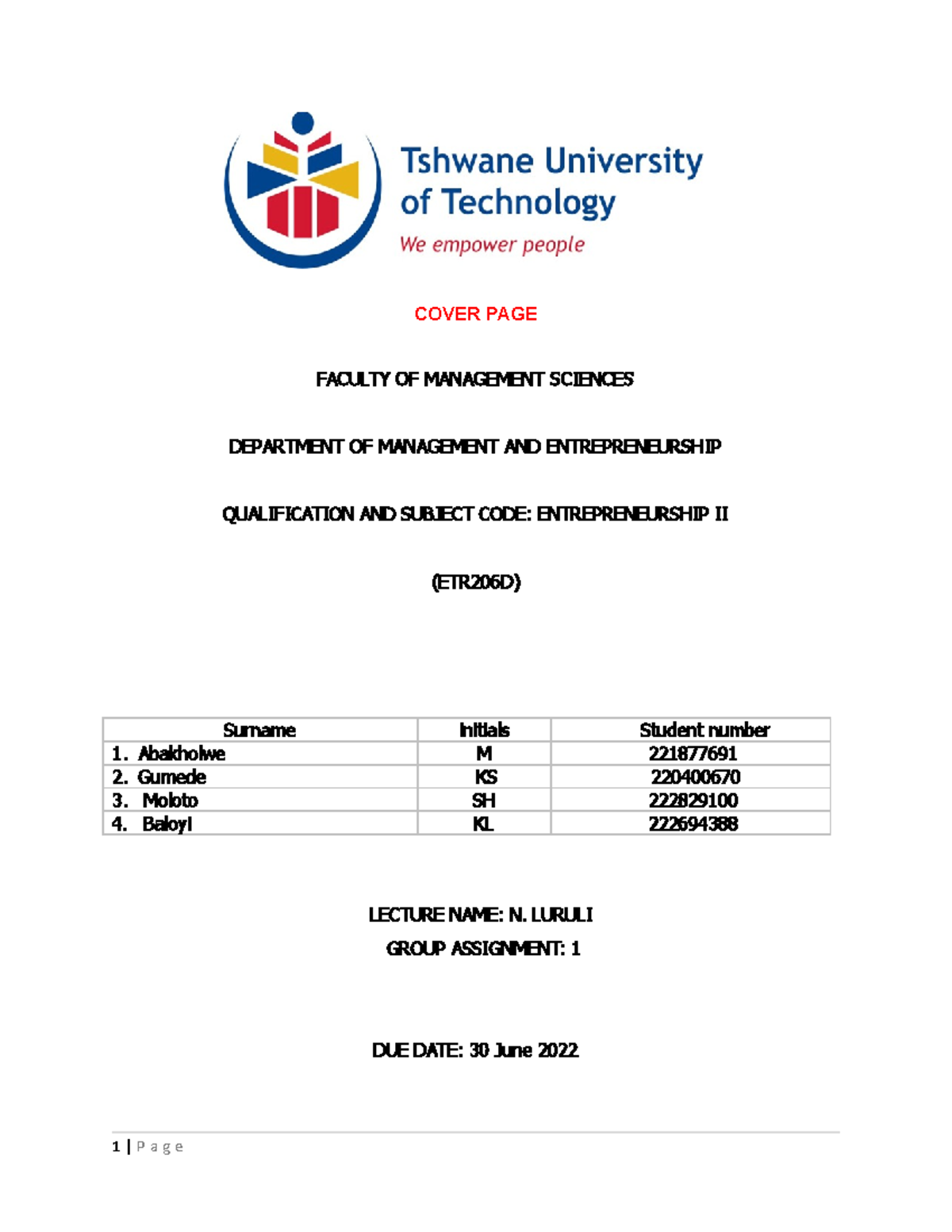 technology entrepreneurship assignment