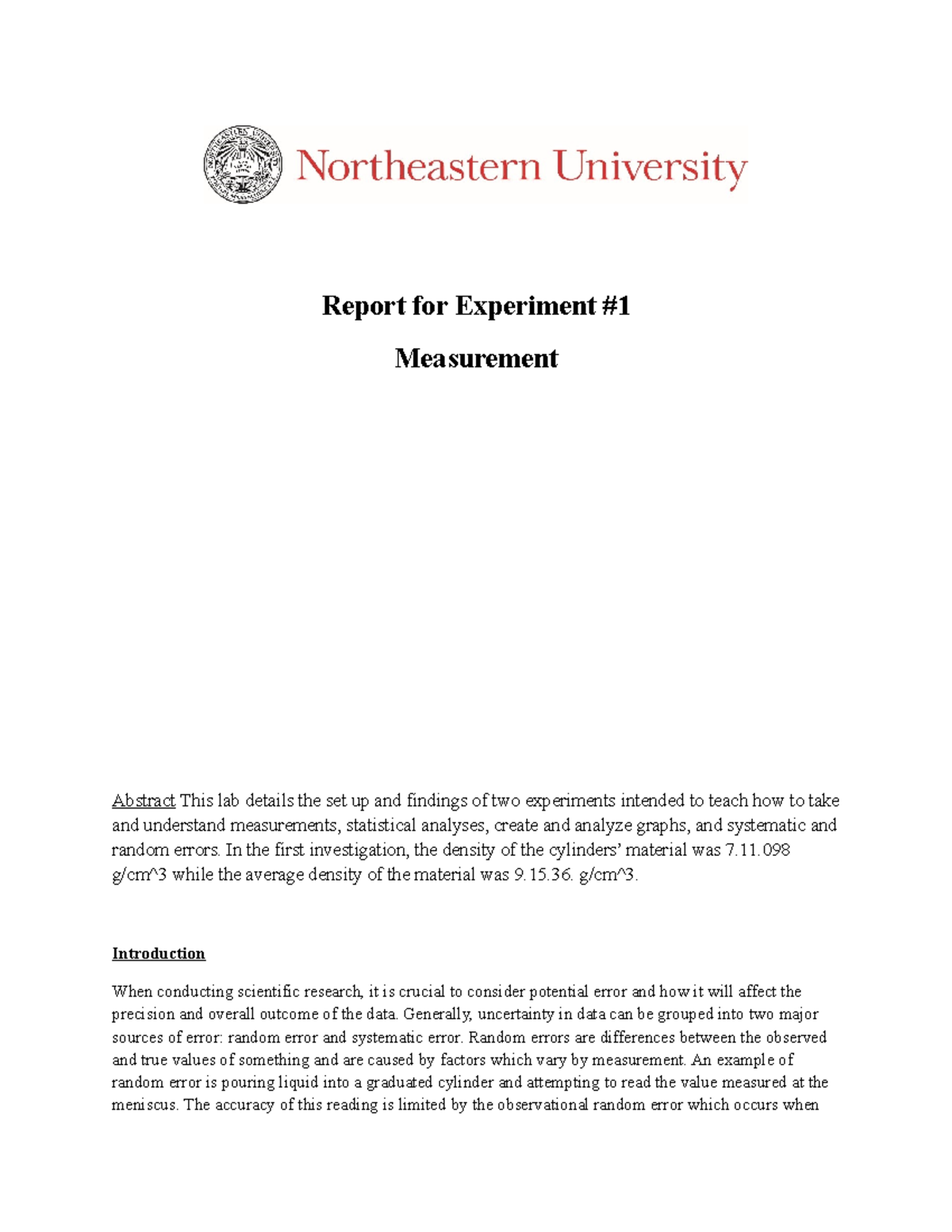Lab 1Measurement lab Report for Experiment Measurement Abstract