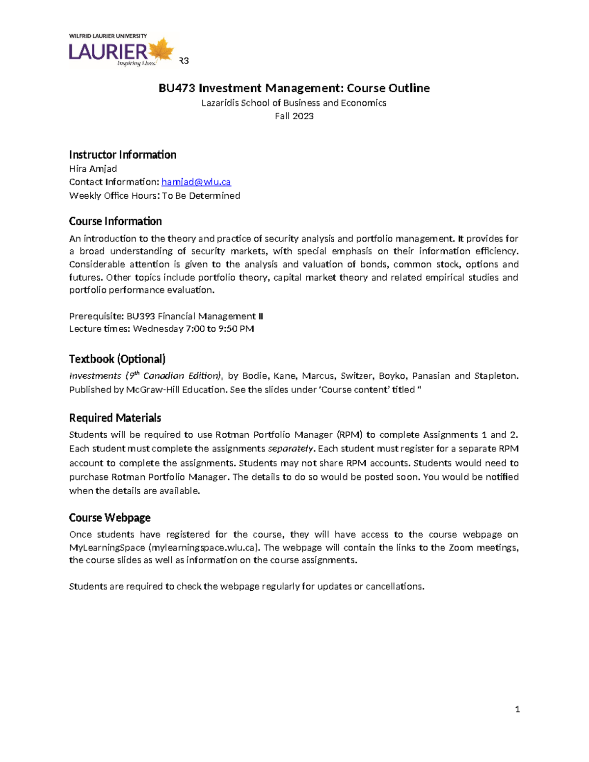 Course Outline BU473 - A 45RRRRRR BU473 Investment Management: Course ...