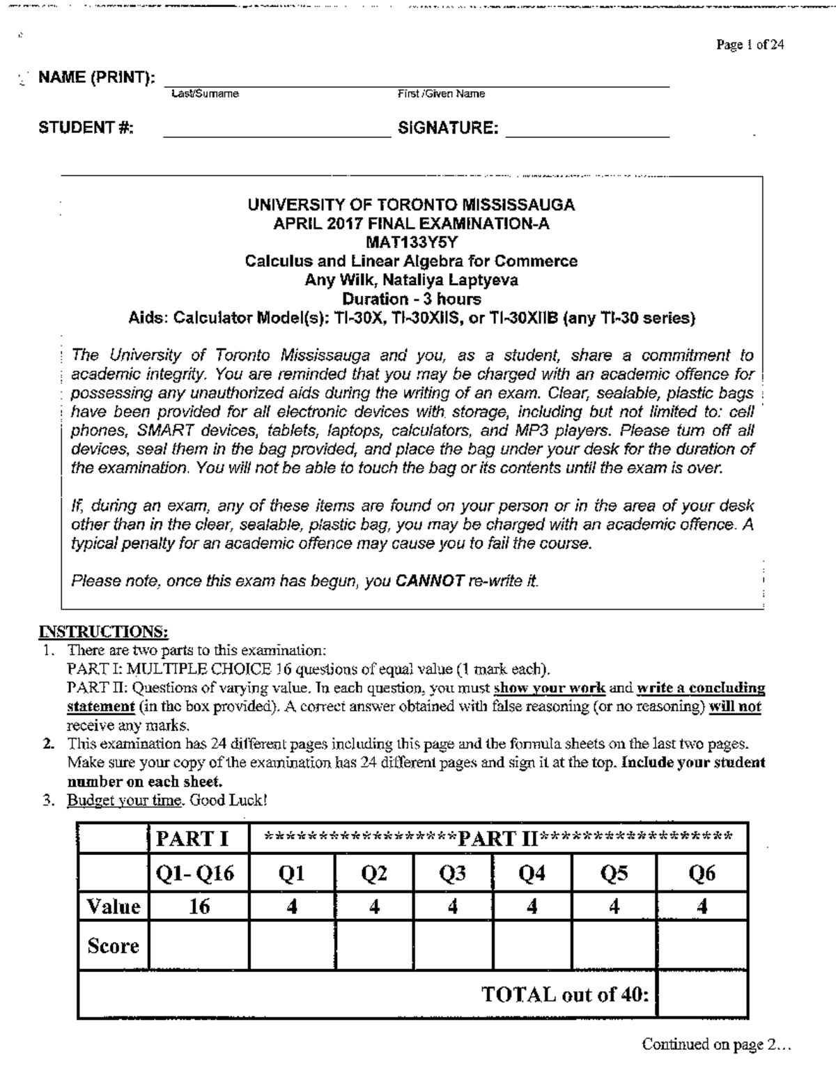 Mat133y-ap17 - practice questions - Math 2321 - Studocu