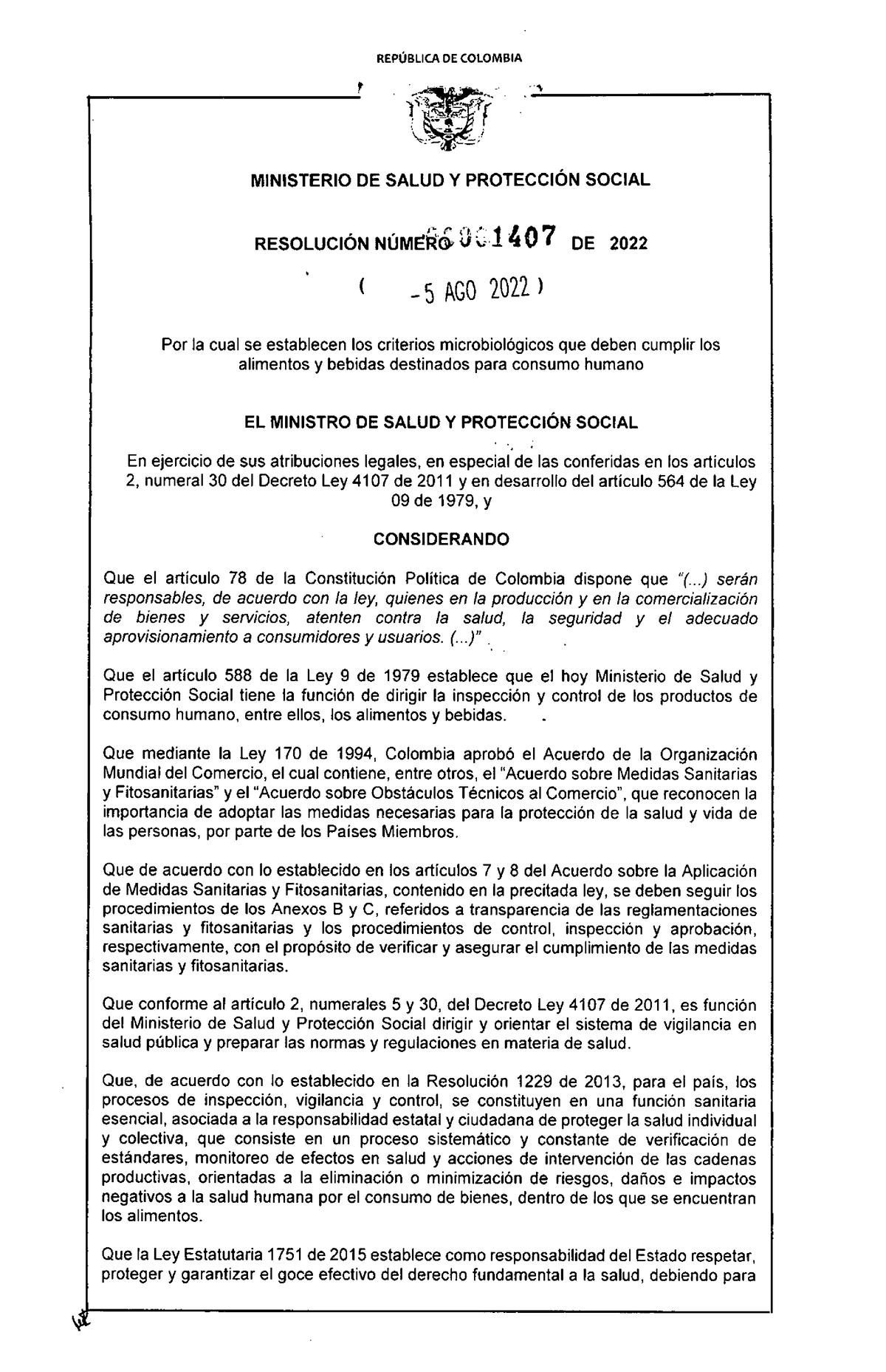 Resolución No. 1407 de 2022 - REPÚBLICA DE COLOMBIA MINISTERIO DEDE ...