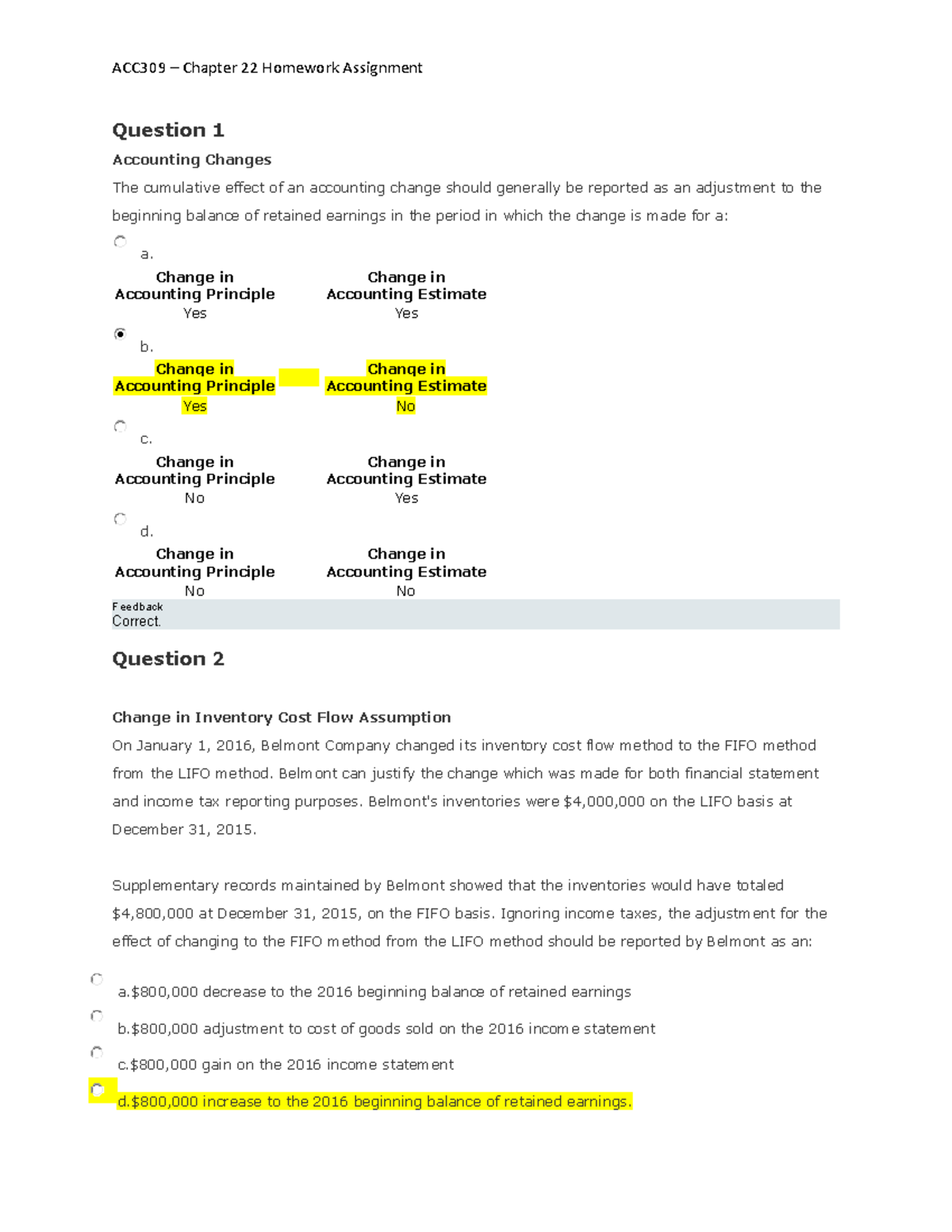 ACC309 Chapter 22 Homework Assignment Question 1 Accounting Changes 