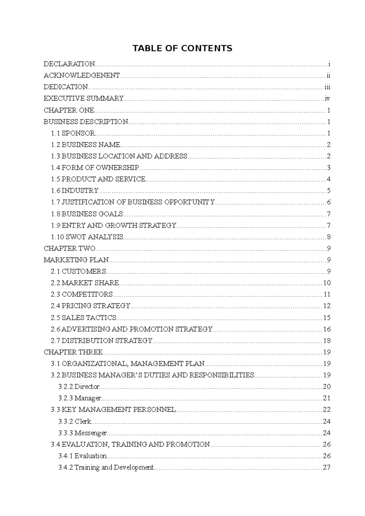 business-plan-format-table-of-contents-studocu