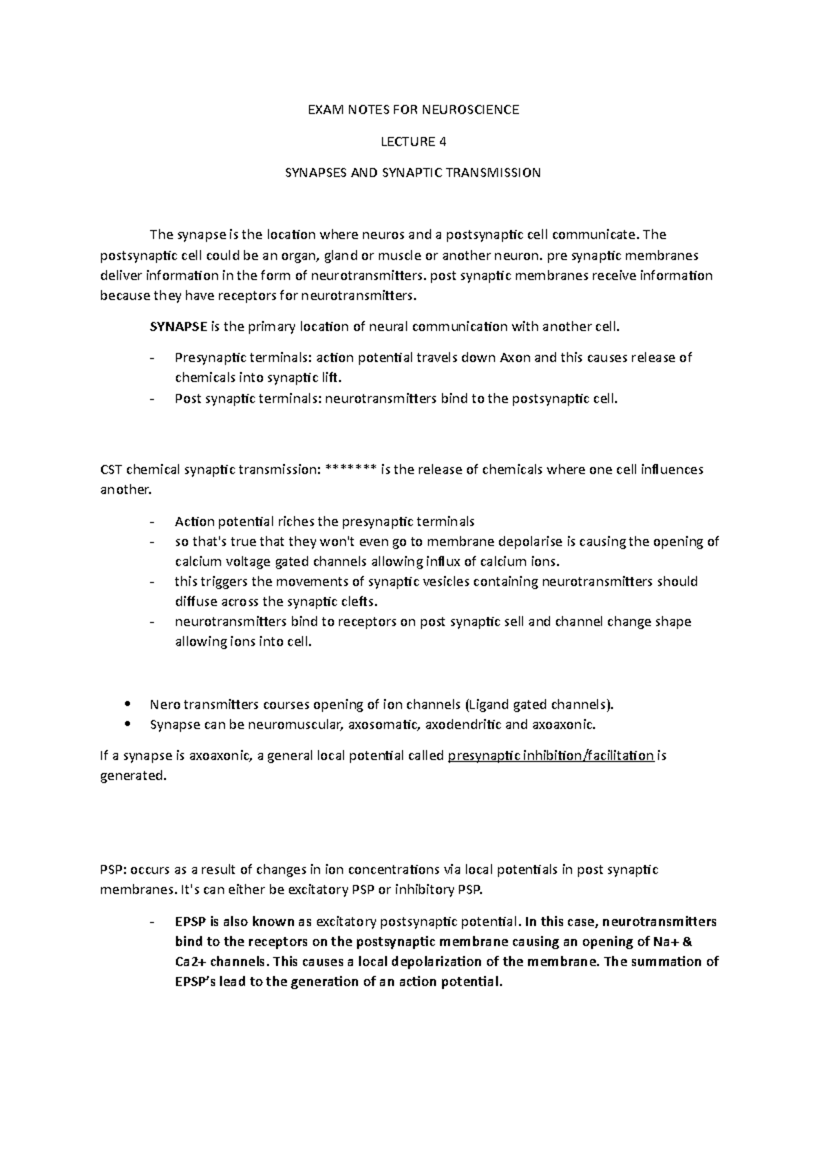 EXAM Notes FOR Neuroscience synapses and synaptic transmission - EXAM ...
