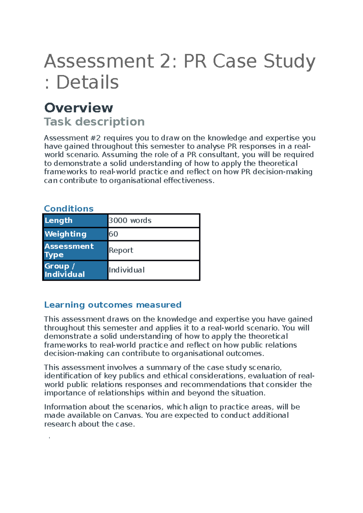 Assessment 2 details - Assessment 2: PR Case Study : Details Overview ...