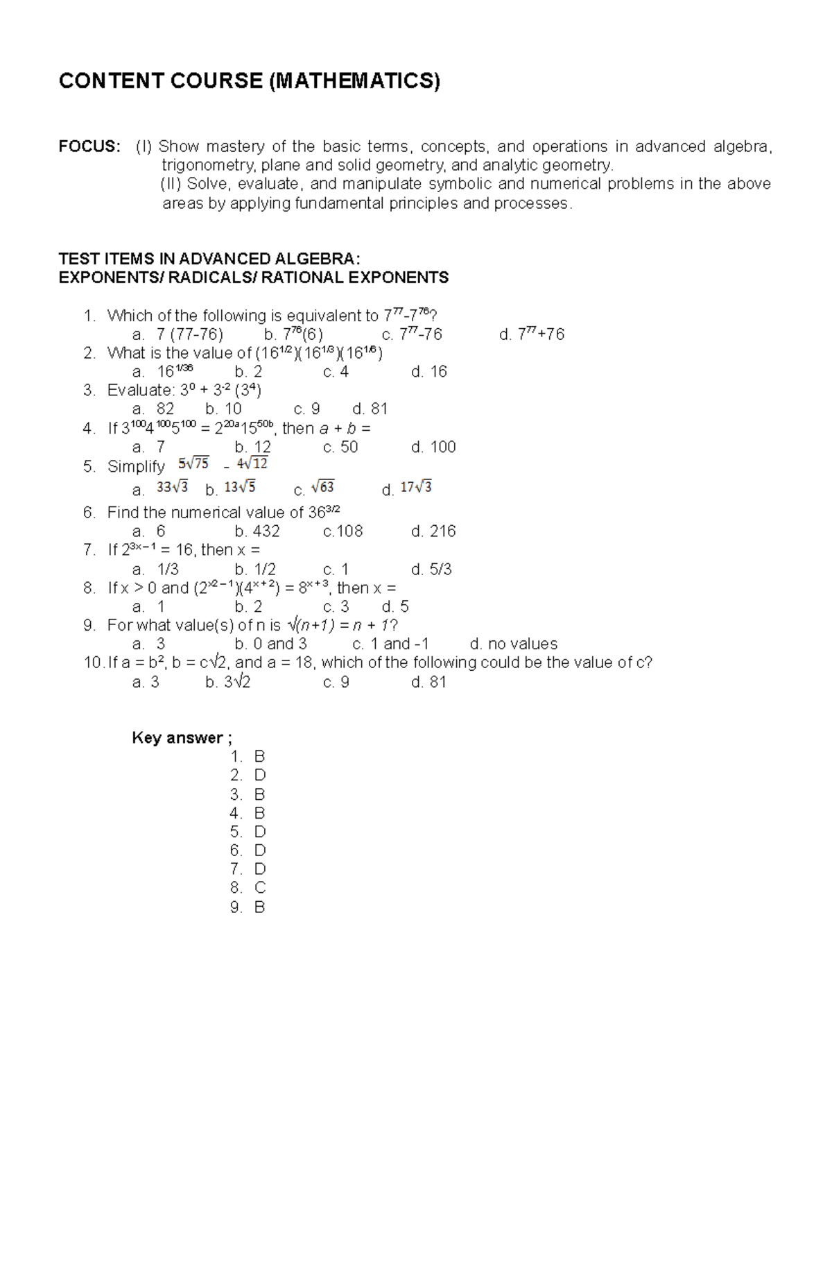 Content Course Mathematics - CONTENT COURSE (MATHEMATICS) FOCUS: (I ...