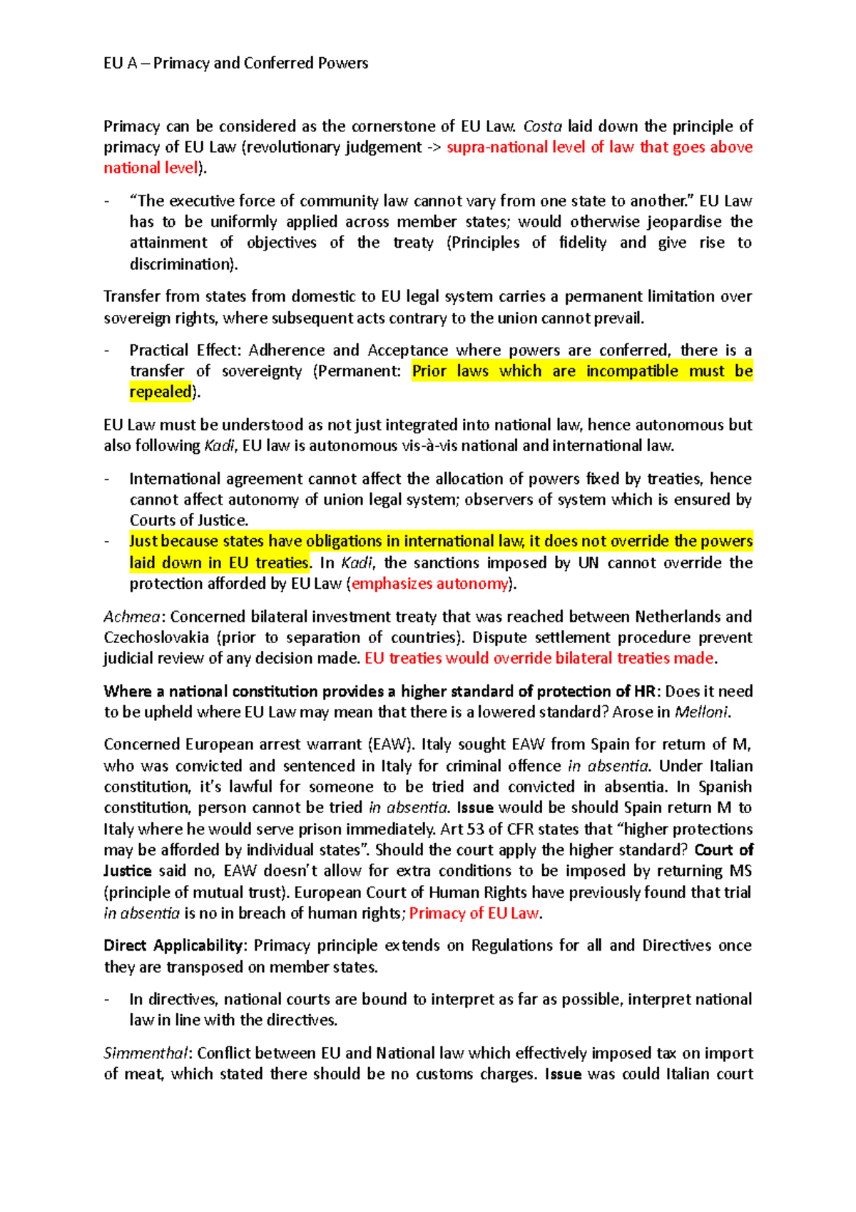 EU A - Primacy & Conferred Powers - Primacy Can Be Considered As The ...