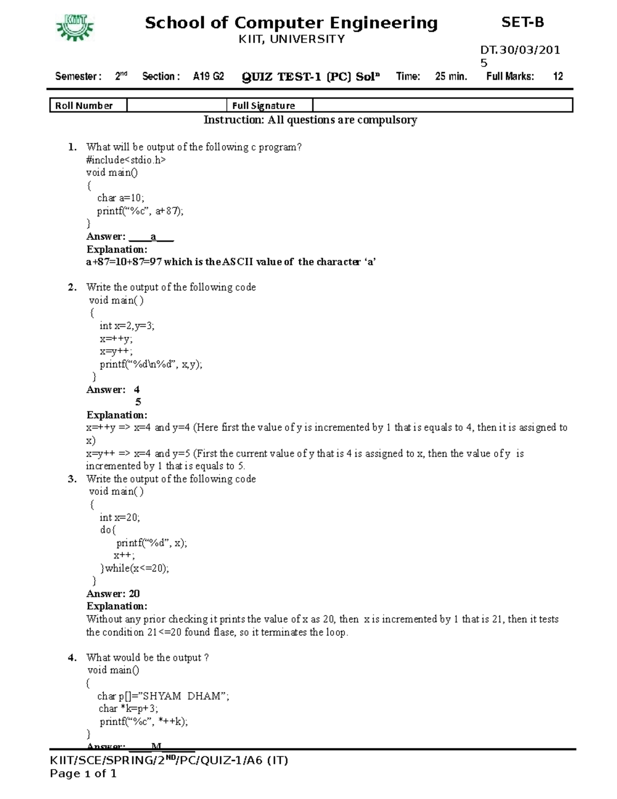 PC QUIZ-2 A19 G2 SET-B SOL - School Of Computer Engineering KIIT ...