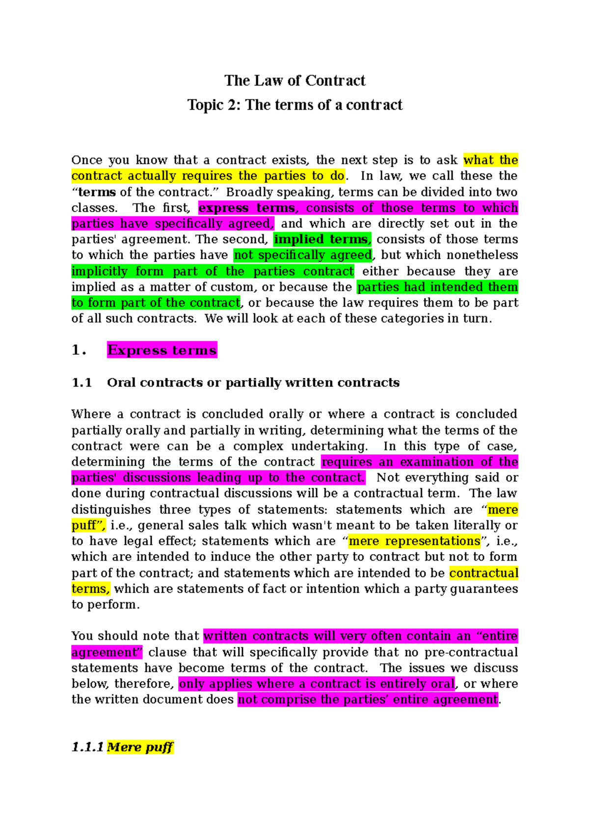 contract law lecture - The Law of Contract Topic 2: The terms of a ...