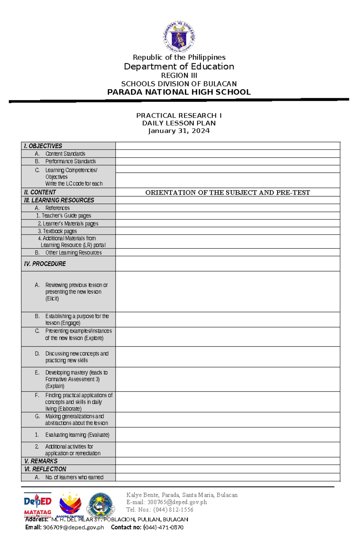 DLP- 01312024 - PR 1 - practical research lesson plan - Address: M. H ...