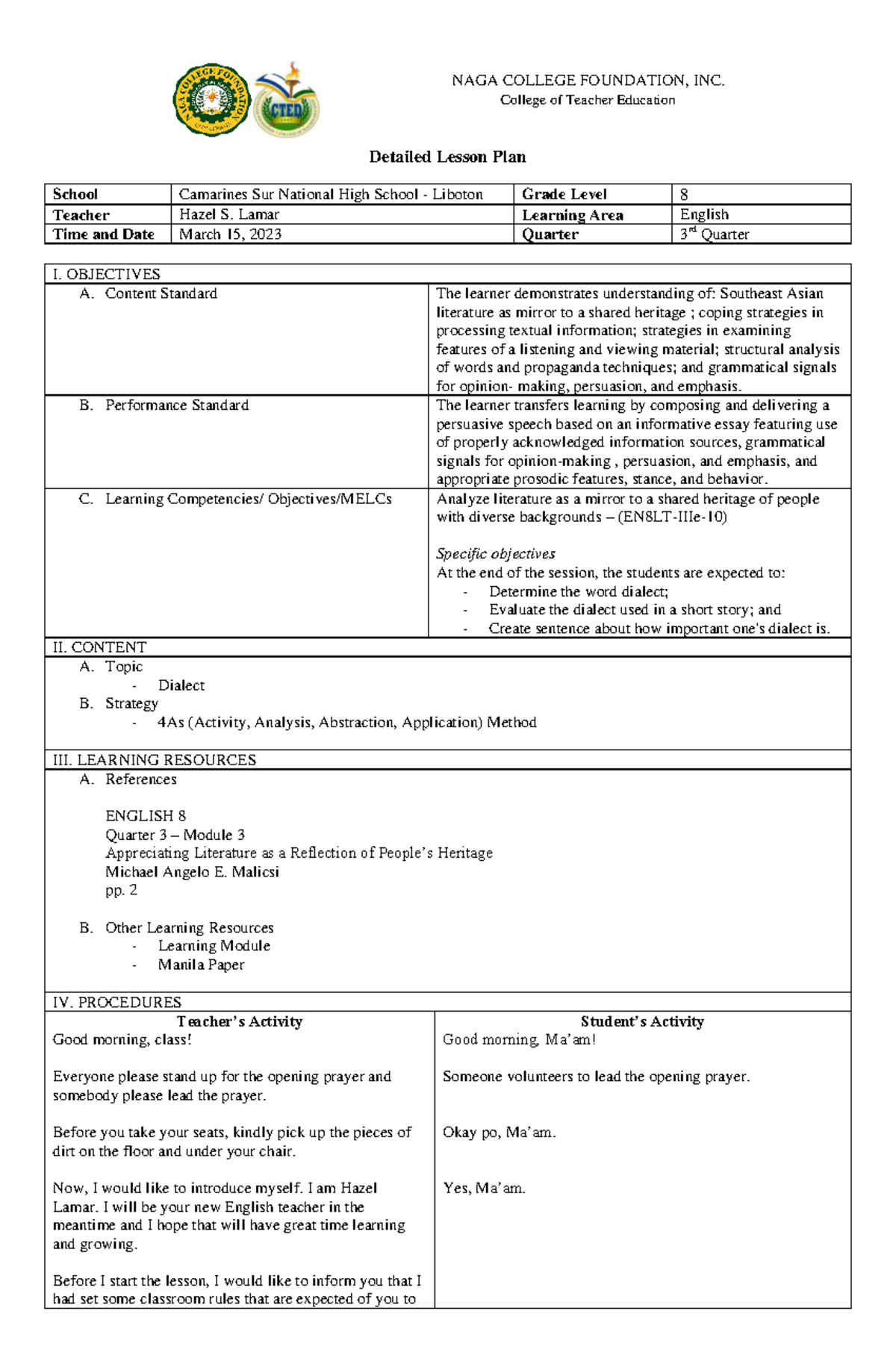 DLP-March-15 - detailed lesson plan - NAGA COLLEGE FOUNDATION, INC ...