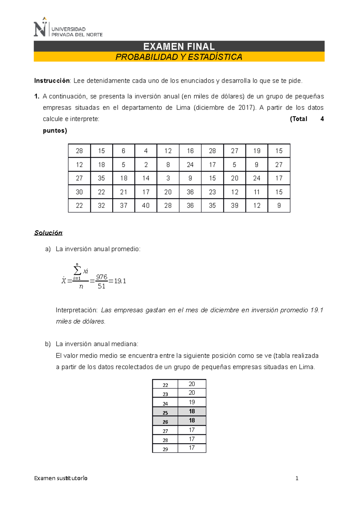 Probabilidad Y Estadistica EF - EXAMEN FINAL PROBABILIDAD Y ESTADÍSTICA ...